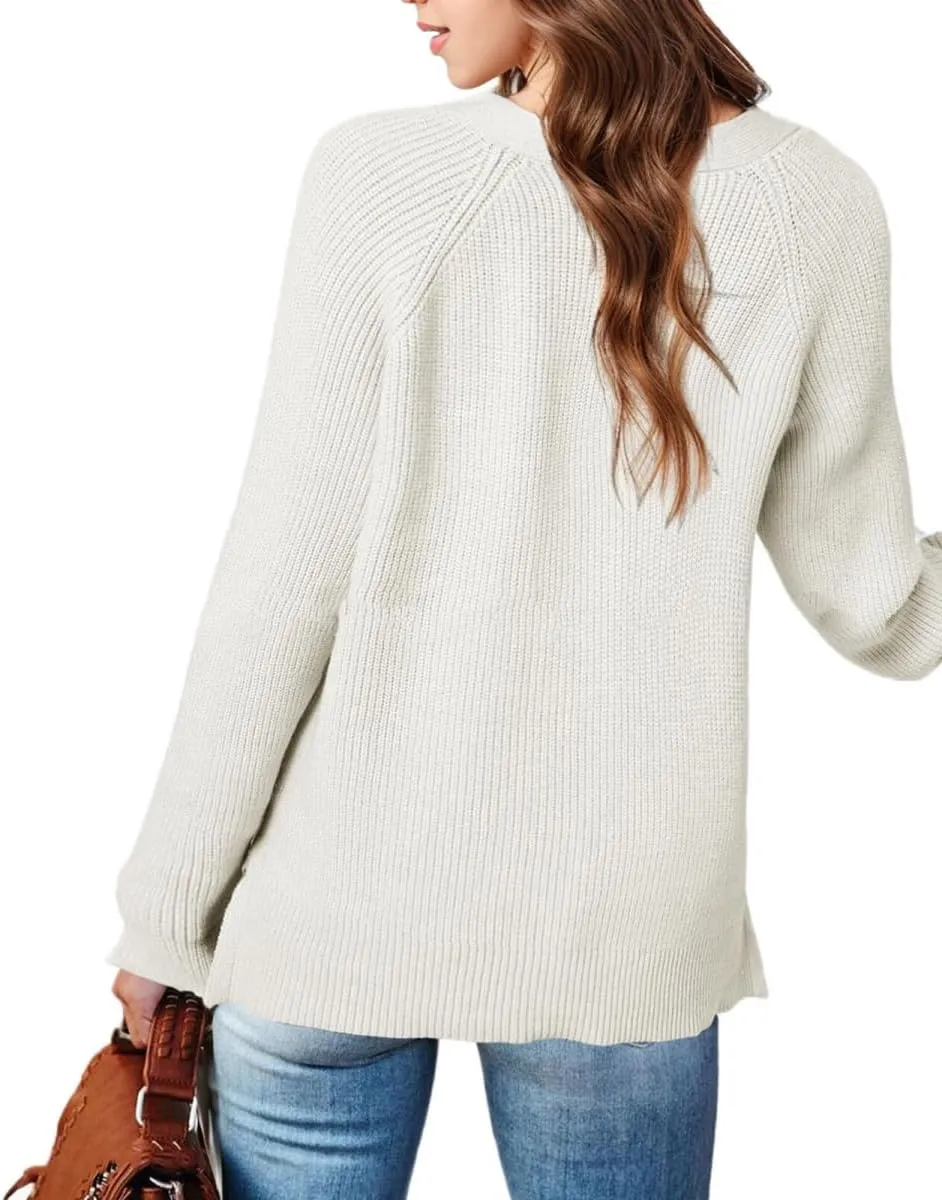 Sweater Button Up Women Henley Long Sleeve Sweater Pullover Fall 2024 Elegant Button V Neck Pullover, Small-3X-Large