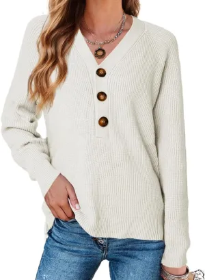 Sweater Button Up Women Henley Long Sleeve Sweater Pullover Fall 2024 Elegant Button V Neck Pullover, Small-3X-Large