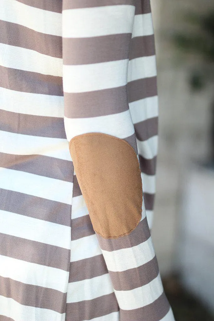 Taupe Striped Open Cardigan with Elbow Patches
