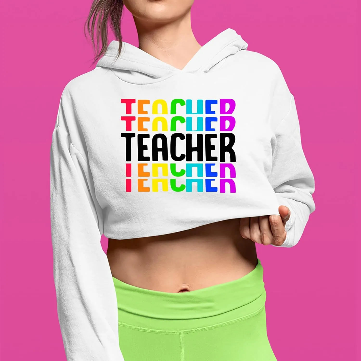 Teacher Repeated Rainbow Pattern Cropped Fleece Hoodie, Soft & Cozy, Trendy Fit