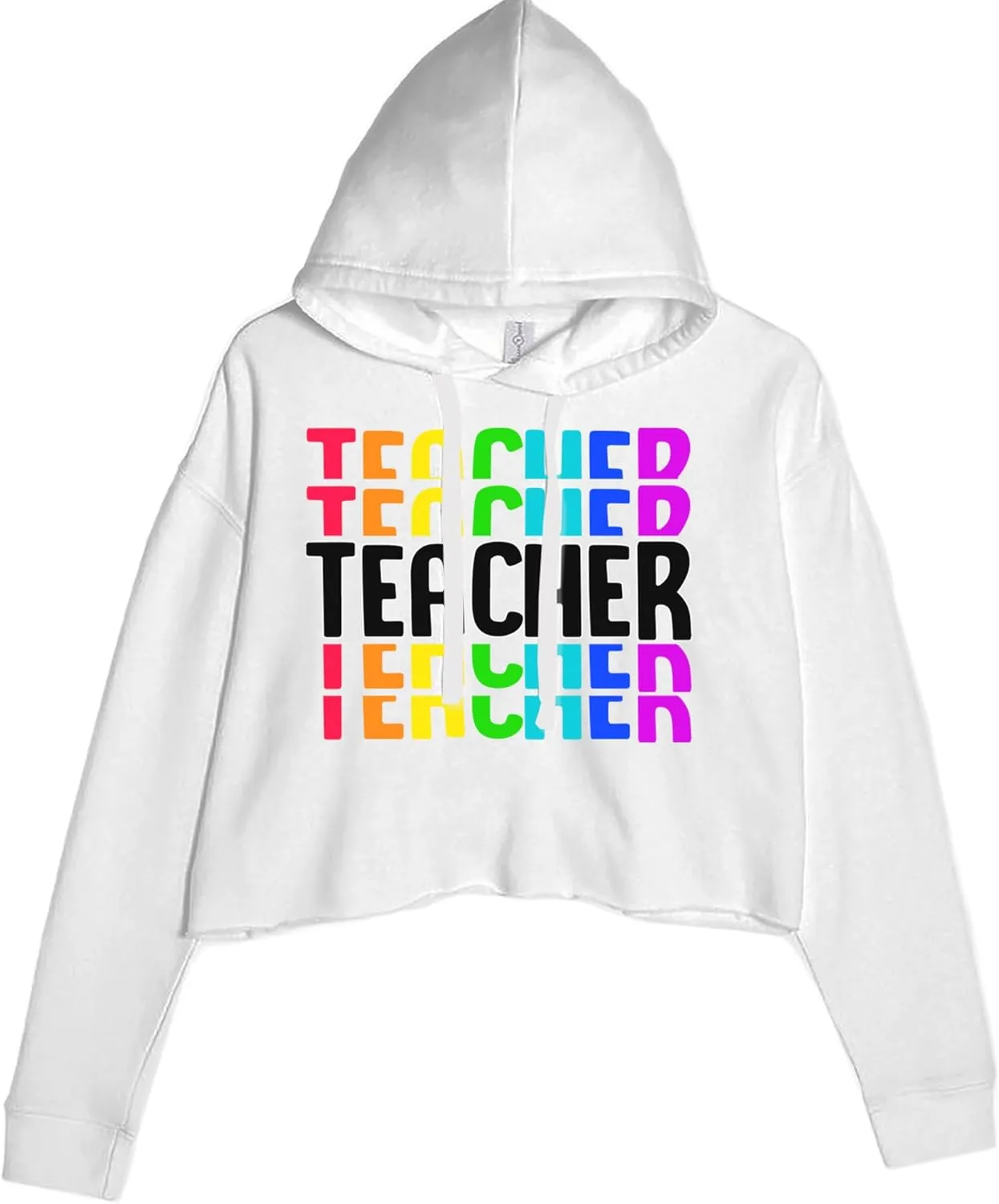 Teacher Repeated Rainbow Pattern Cropped Fleece Hoodie, Soft & Cozy, Trendy Fit
