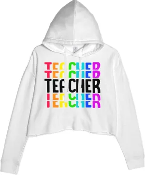 Teacher Repeated Rainbow Pattern Cropped Fleece Hoodie, Soft & Cozy, Trendy Fit