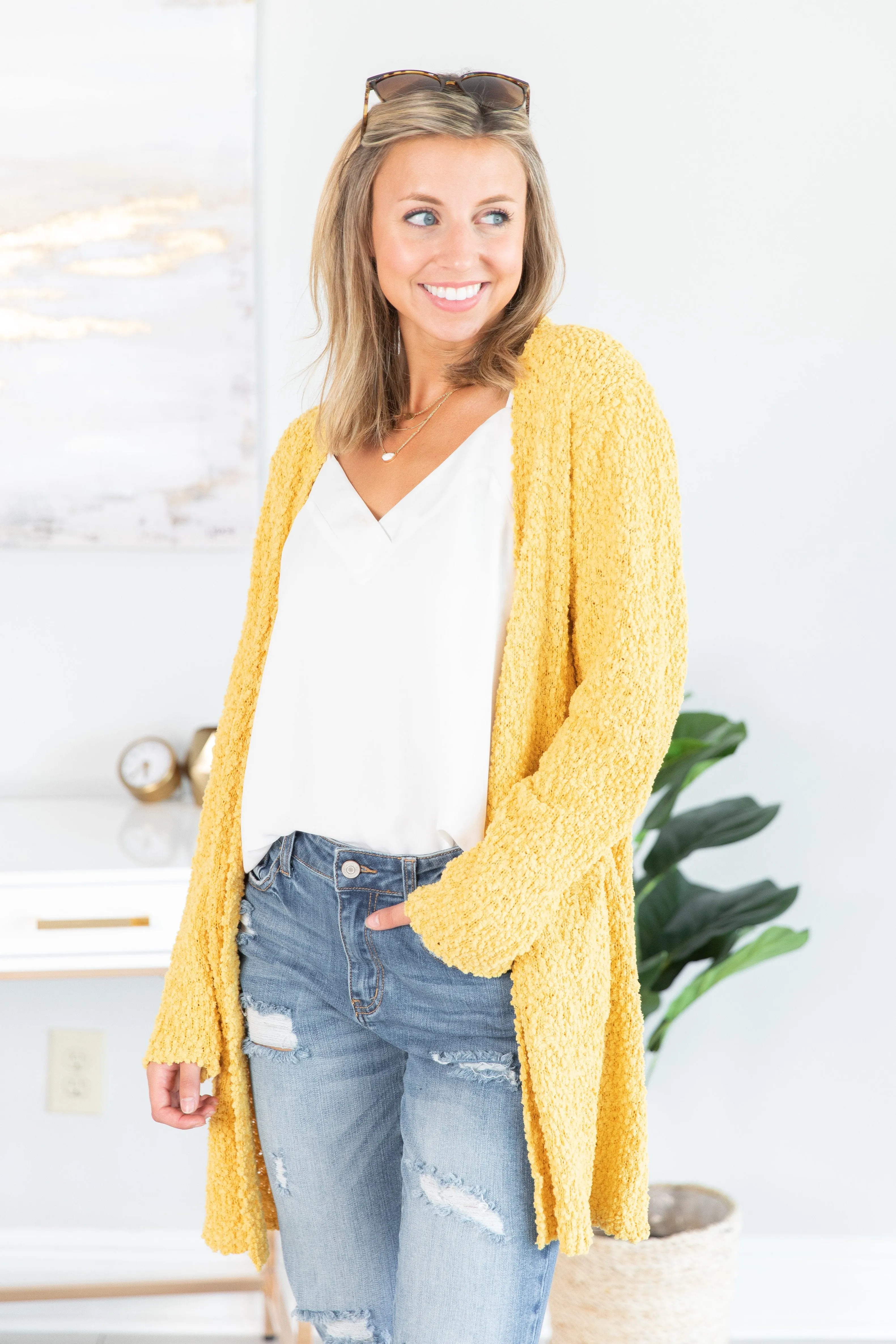 Tell Somebody Light Mustard Yellow Popcorn Cardigan