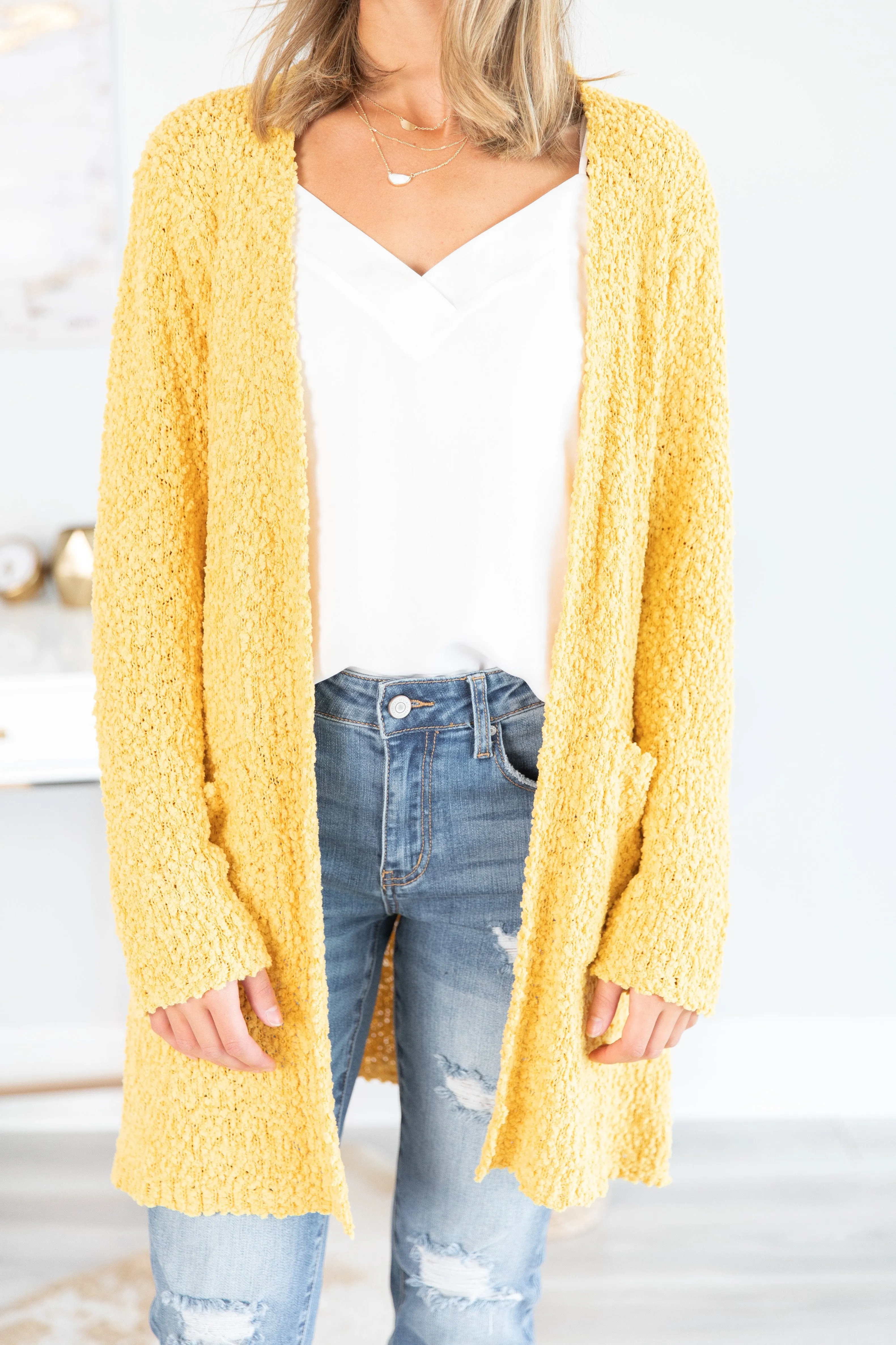 Tell Somebody Light Mustard Yellow Popcorn Cardigan