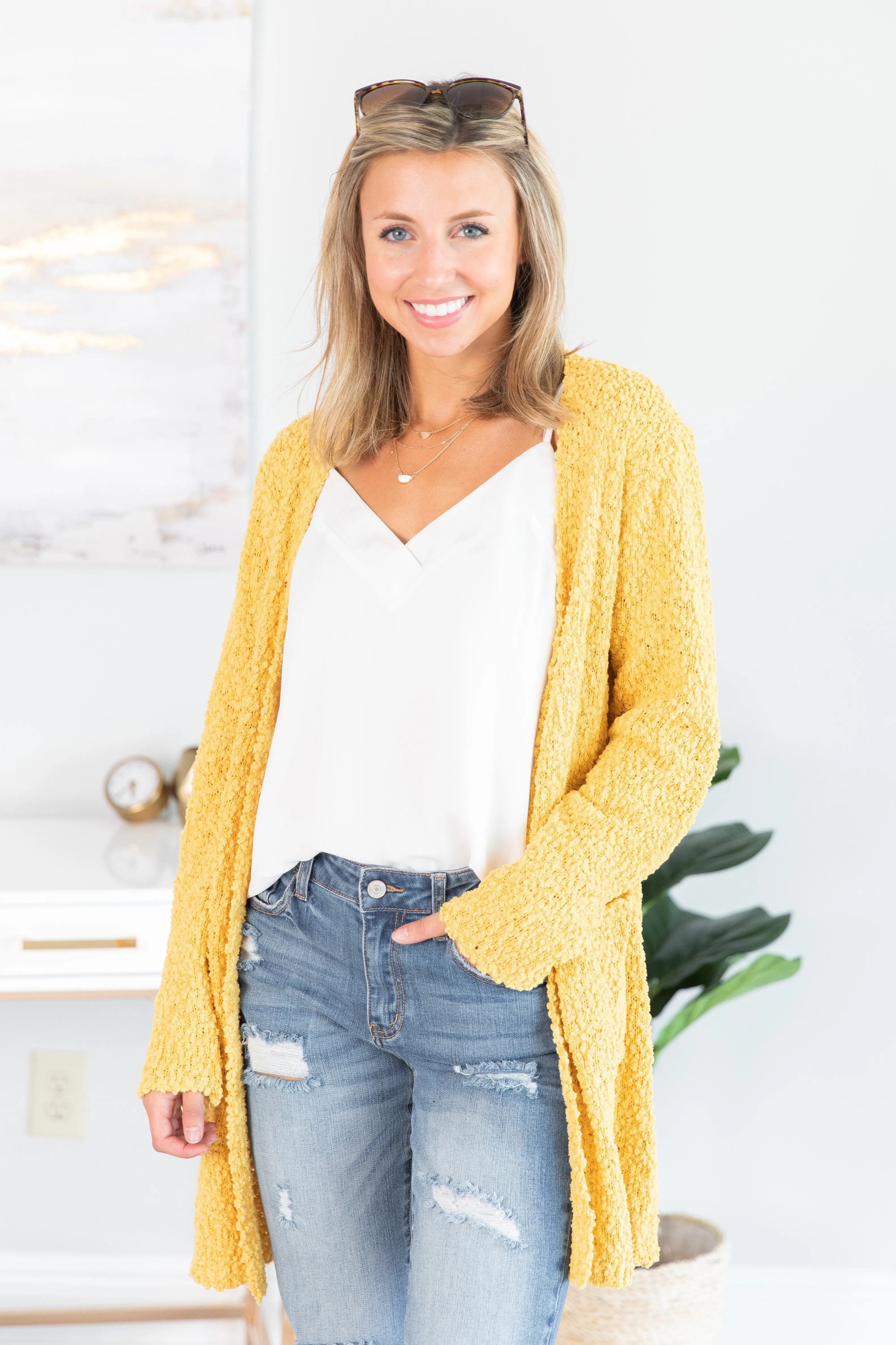 Tell Somebody Light Mustard Yellow Popcorn Cardigan