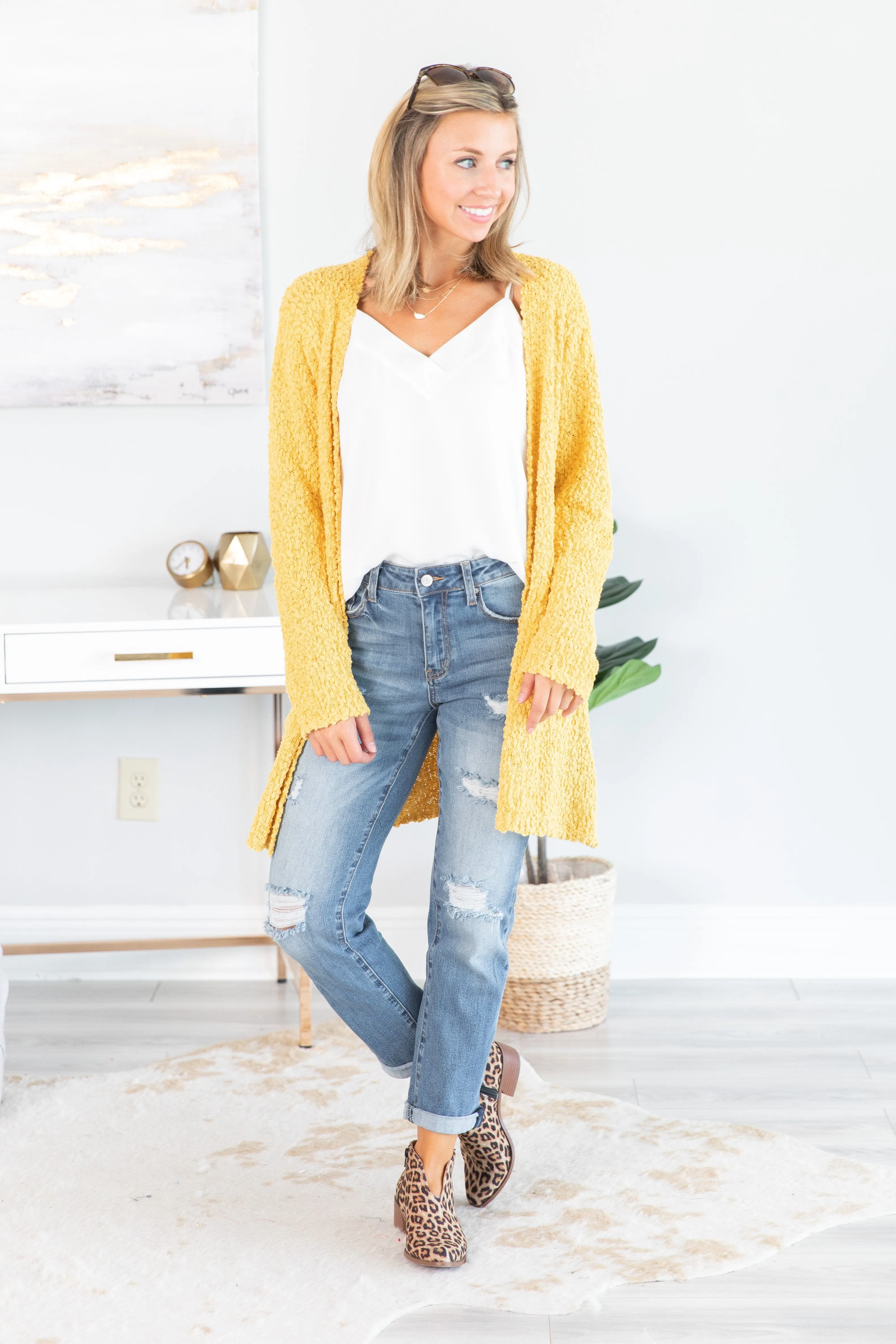 Tell Somebody Light Mustard Yellow Popcorn Cardigan