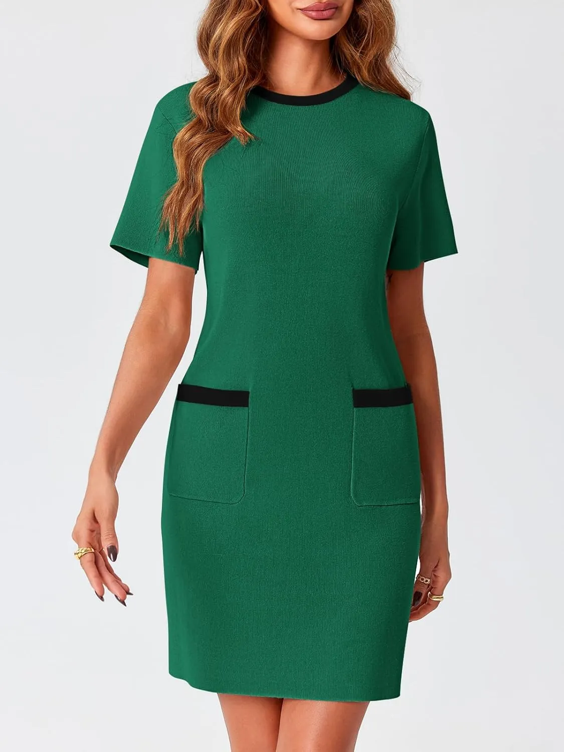 Wenrine Womens Work Dress Business Casual Contrast Color Elegant Short Sleeve Knit Summer Mini Dress