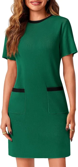 Wenrine Womens Work Dress Business Casual Contrast Color Elegant Short Sleeve Knit Summer Mini Dress