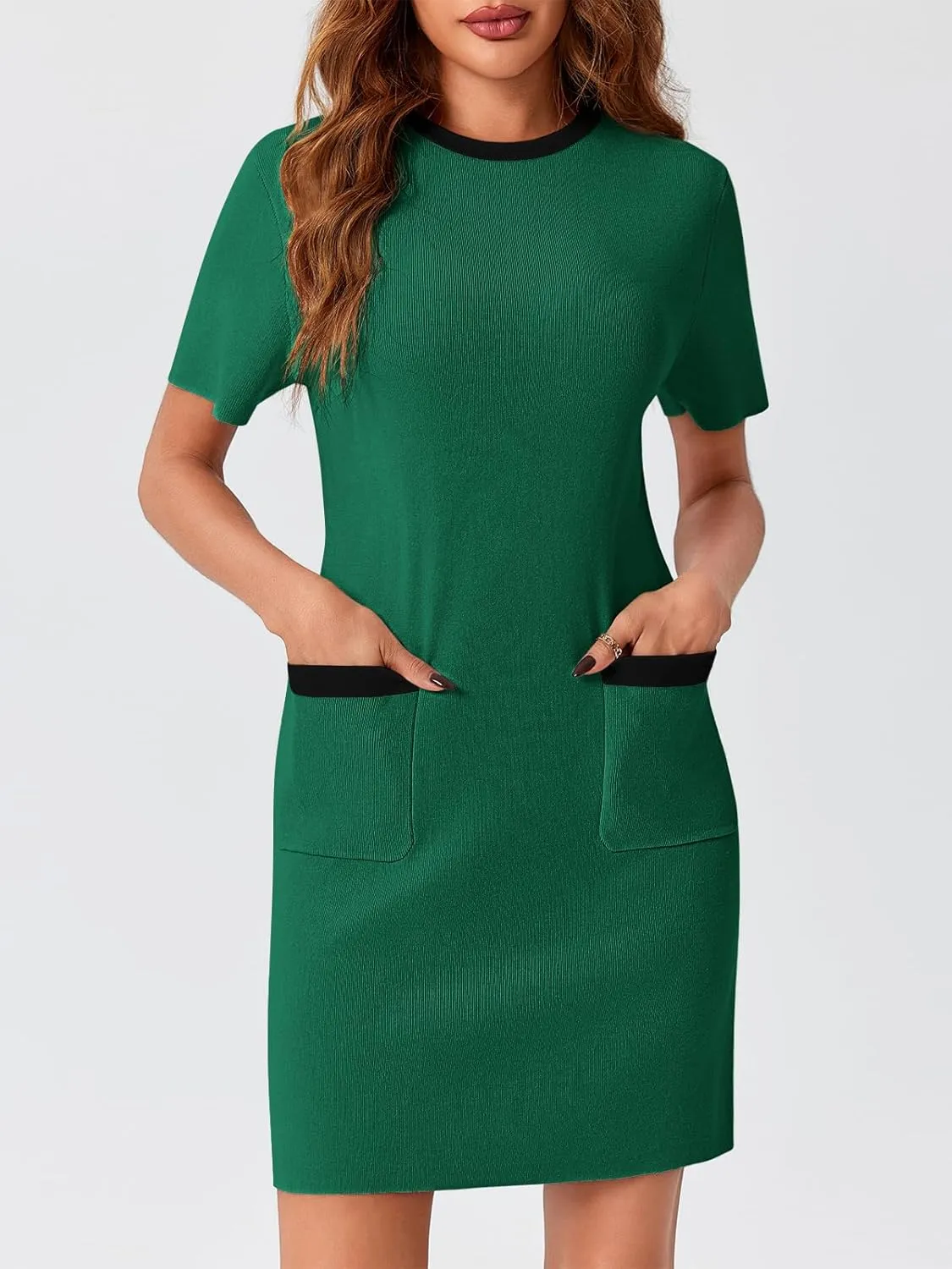 Wenrine Womens Work Dress Business Casual Contrast Color Elegant Short Sleeve Knit Summer Mini Dress