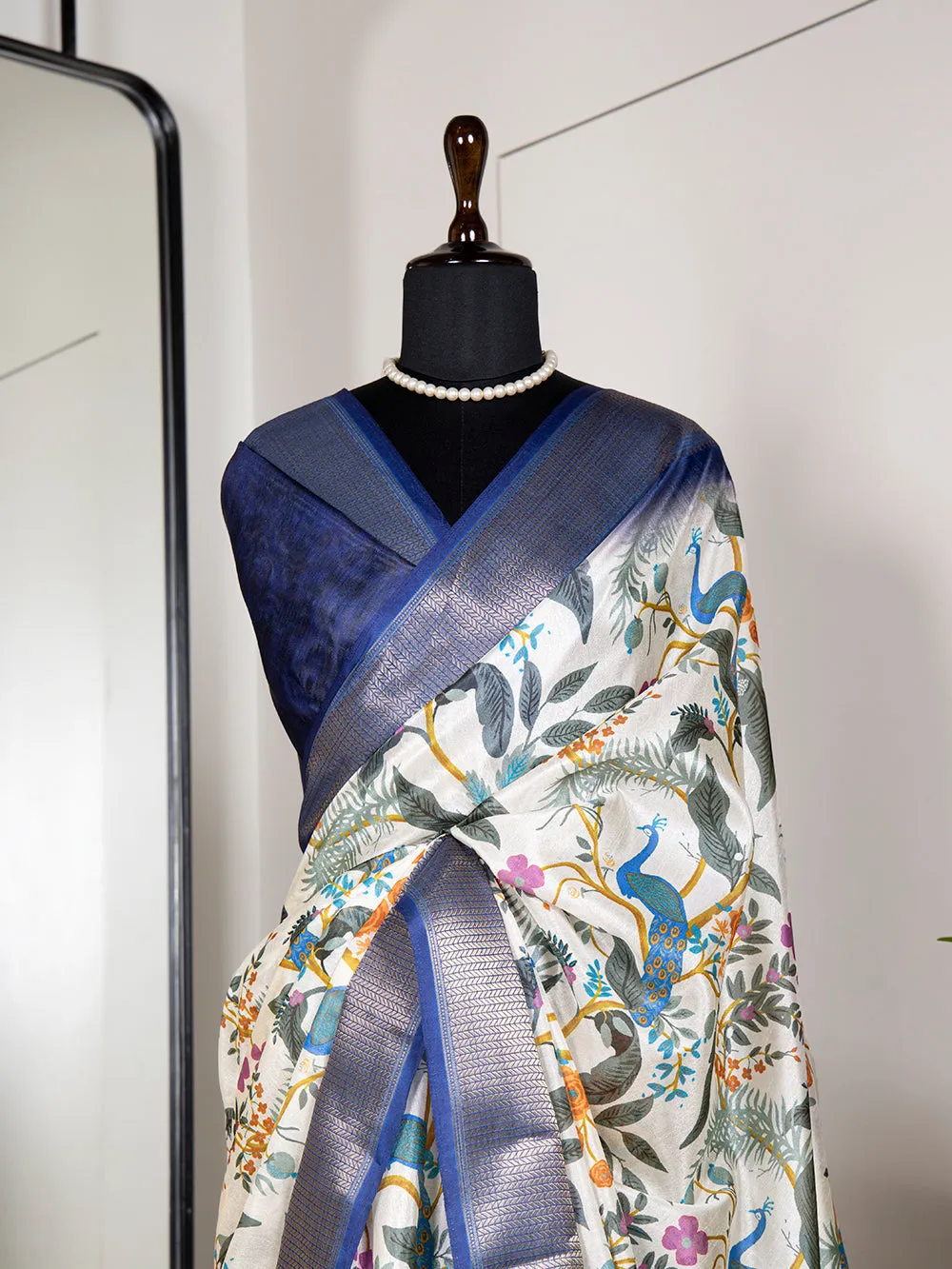 White Color Printed With Zari Border Dola Silk Saree