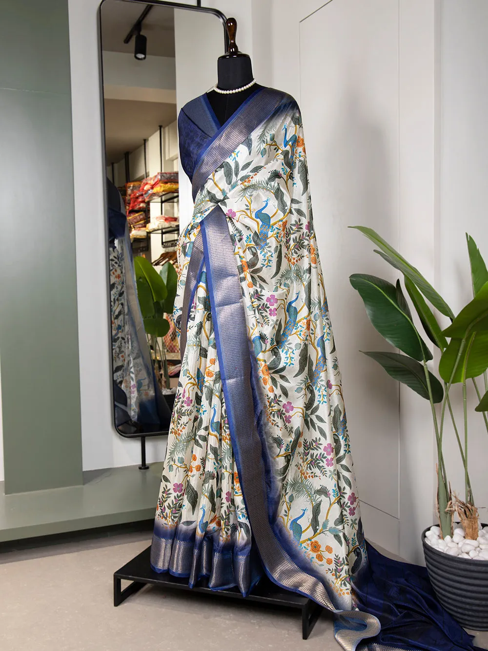 White Color Printed With Zari Border Dola Silk Saree