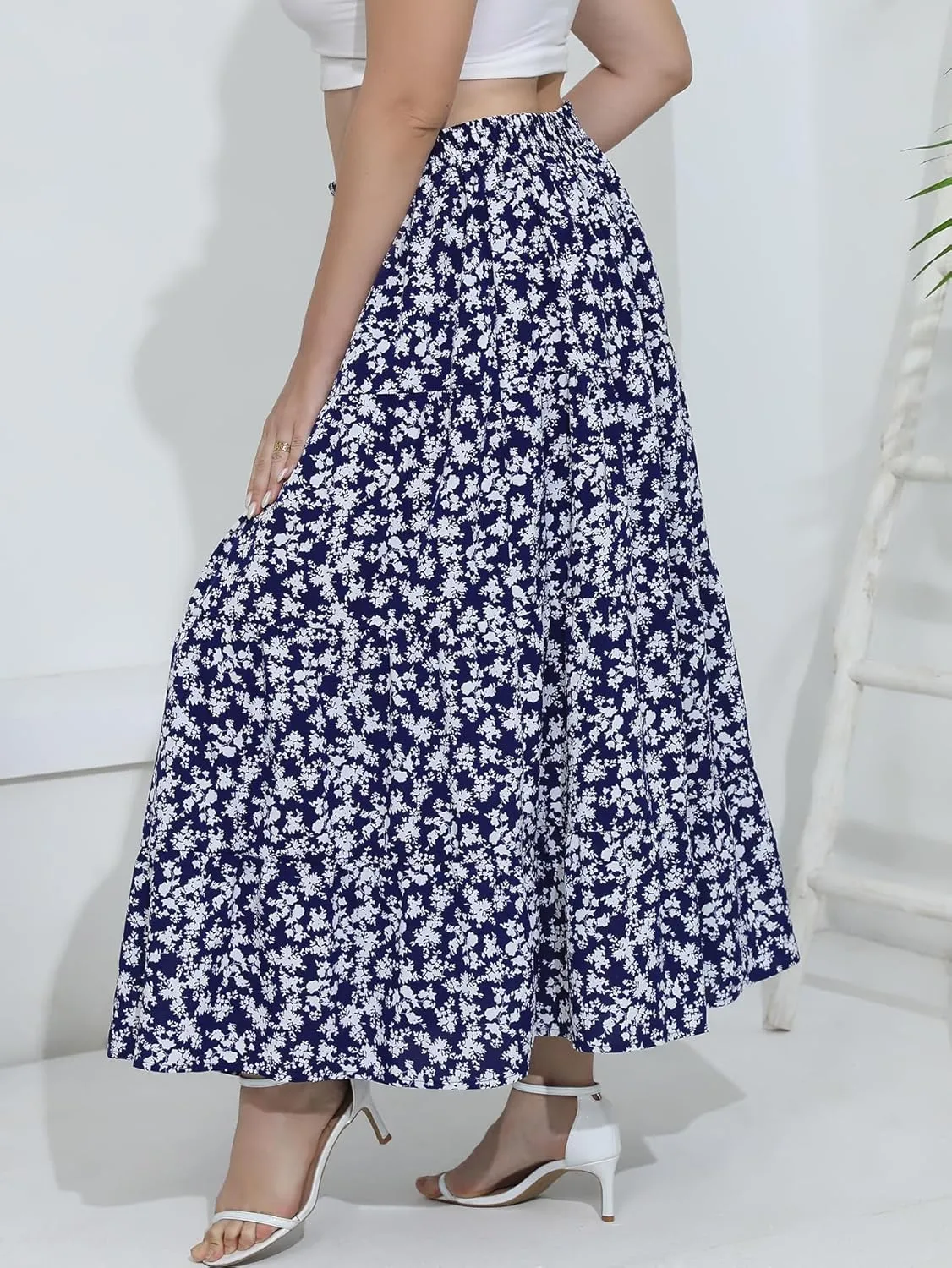 Women's Long Maxi Plus Size Skirt 2025 Trendy Flowy Elastic High Waist Casual Spring Swing A-line Floral Skirts