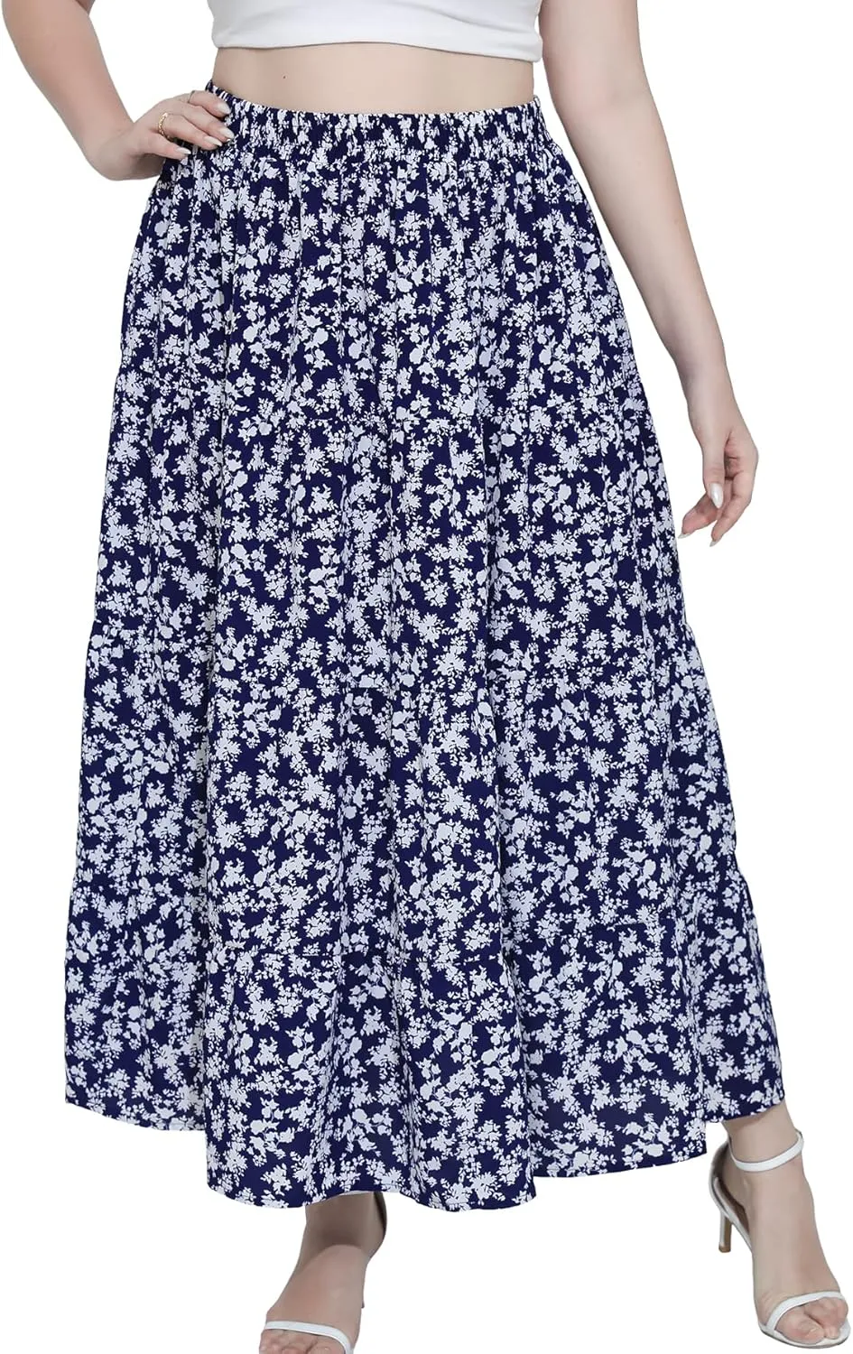 Women's Long Maxi Plus Size Skirt 2025 Trendy Flowy Elastic High Waist Casual Spring Swing A-line Floral Skirts