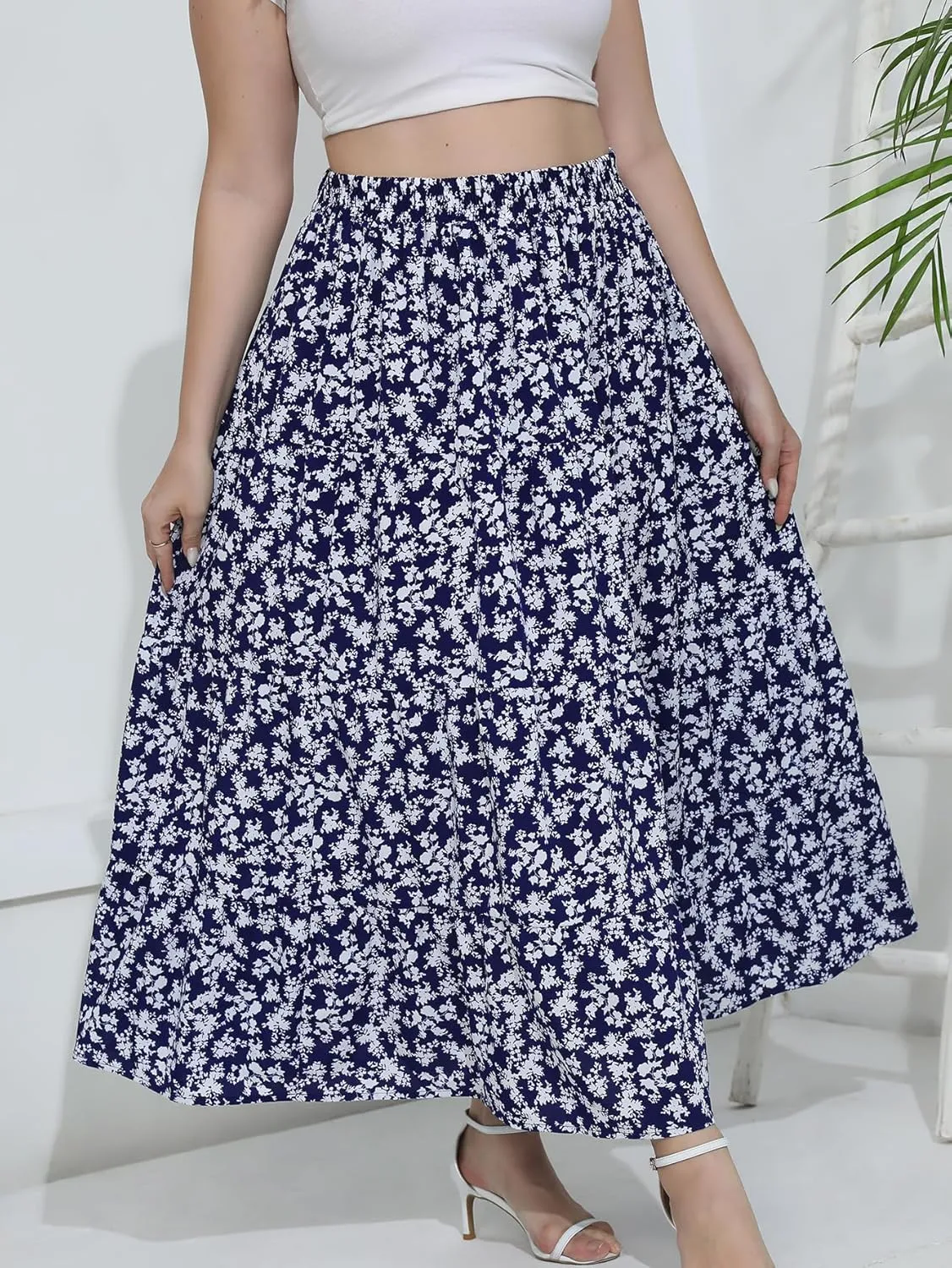 Women's Long Maxi Plus Size Skirt 2025 Trendy Flowy Elastic High Waist Casual Spring Swing A-line Floral Skirts