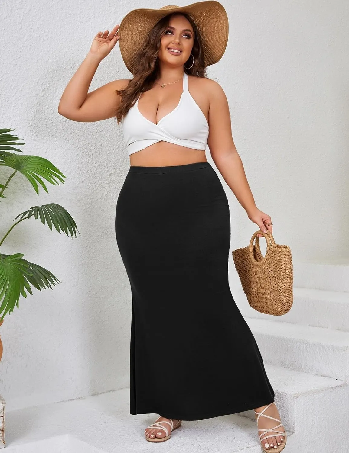 ZOMVA 2024 Plus Size 0X-5X Maxi Skirt 2/3 Pack Mermaid Bodycon Pull On High Waist Casual Elegant